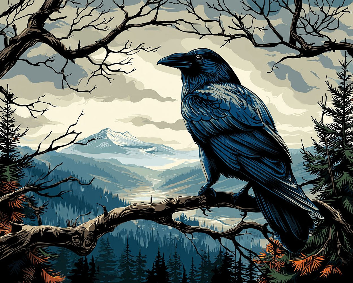 Blue raven on bare branch in mountain landscape cross stitch kit for beginners