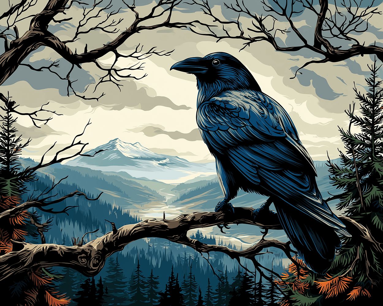 Blue raven on bare branch in mountain landscape cross stitch kit for beginners