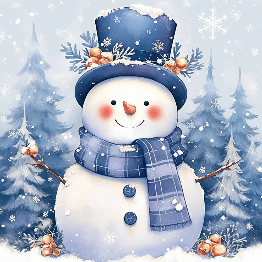 Blue top hat snowman and forest cross stitch kit for beginners