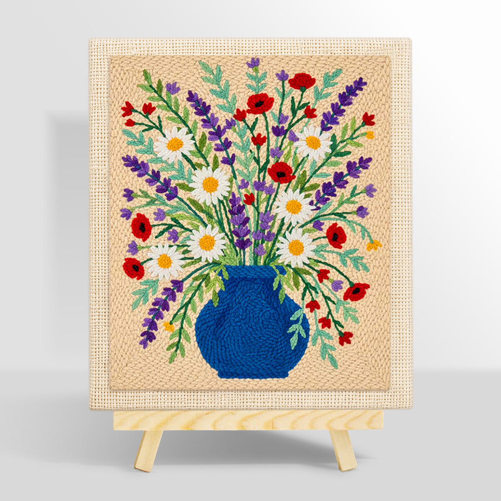 Blue vase with lavender, daisies and poppies punch needle kit for beginners