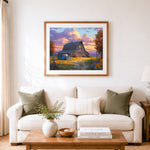 Finished blue vintage truck in sunflower field at sunset cross stitch artwork displayed as home decor