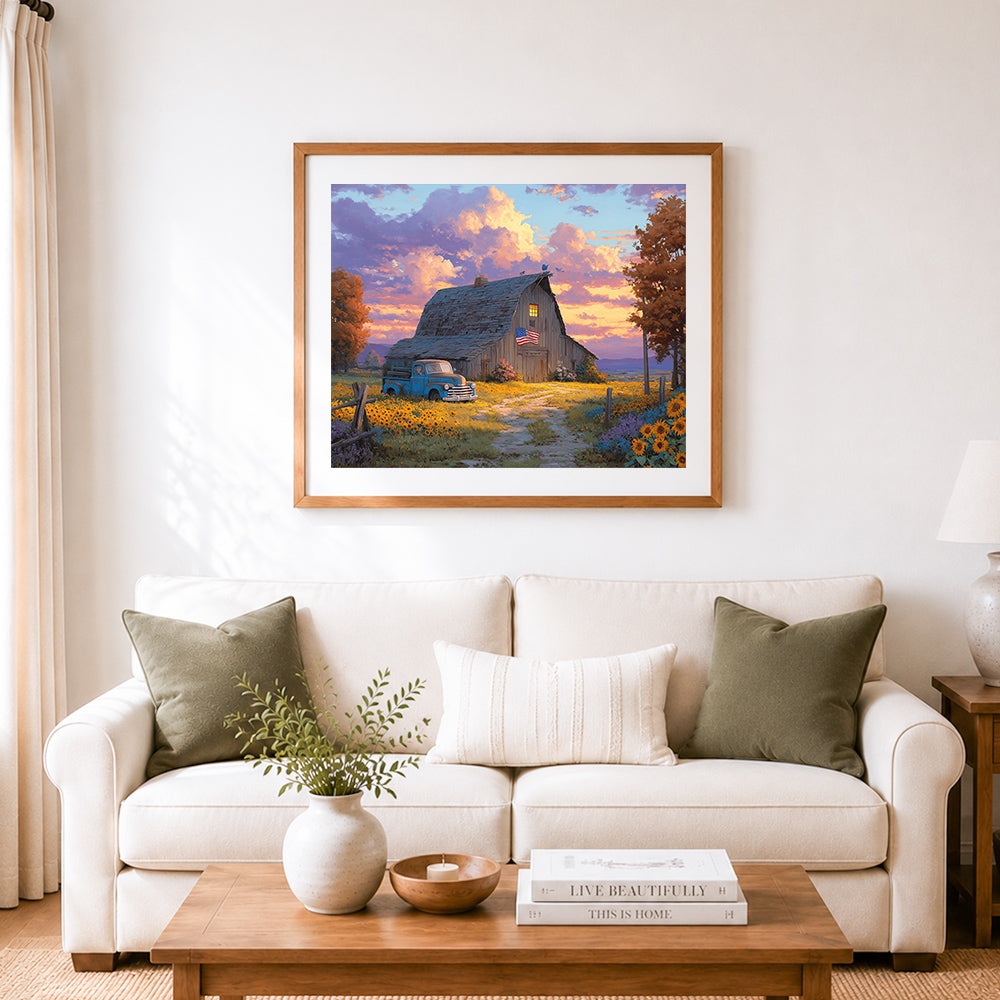 Finished blue vintage truck in sunflower field at sunset cross stitch artwork displayed as home decor