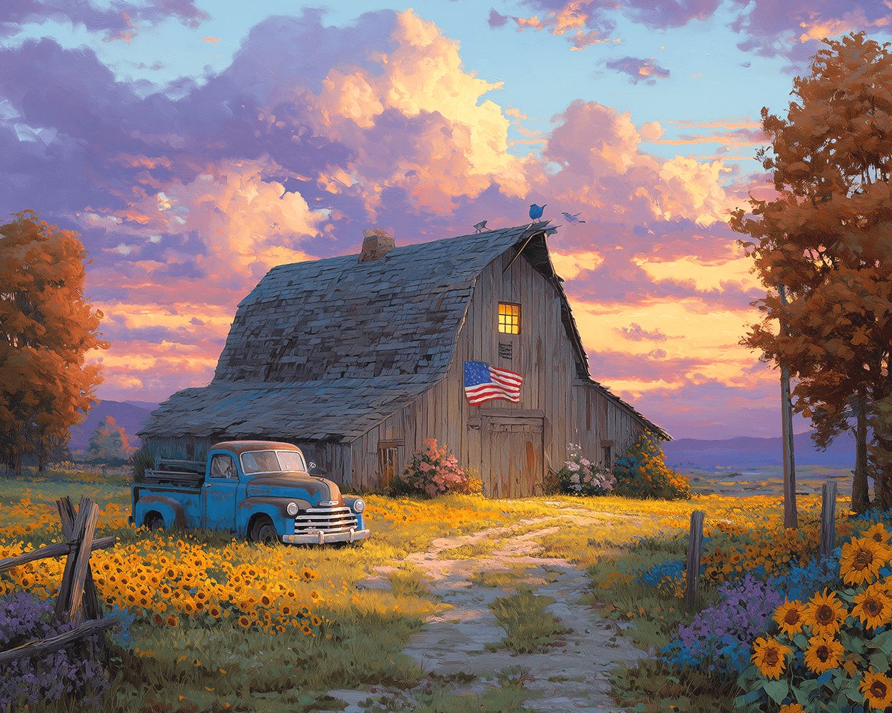 Blue vintage truck in sunflower field at sunset cross stitch kit for beginners