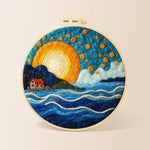 Blue waves under the golden sunset needle felting kit for beginners with a round wooden frame