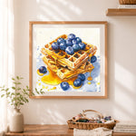 Finished blueberry honey waffles cross stitch artwork displayed as home decor