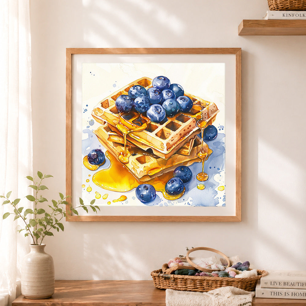 Finished blueberry honey waffles cross stitch artwork displayed as home decor