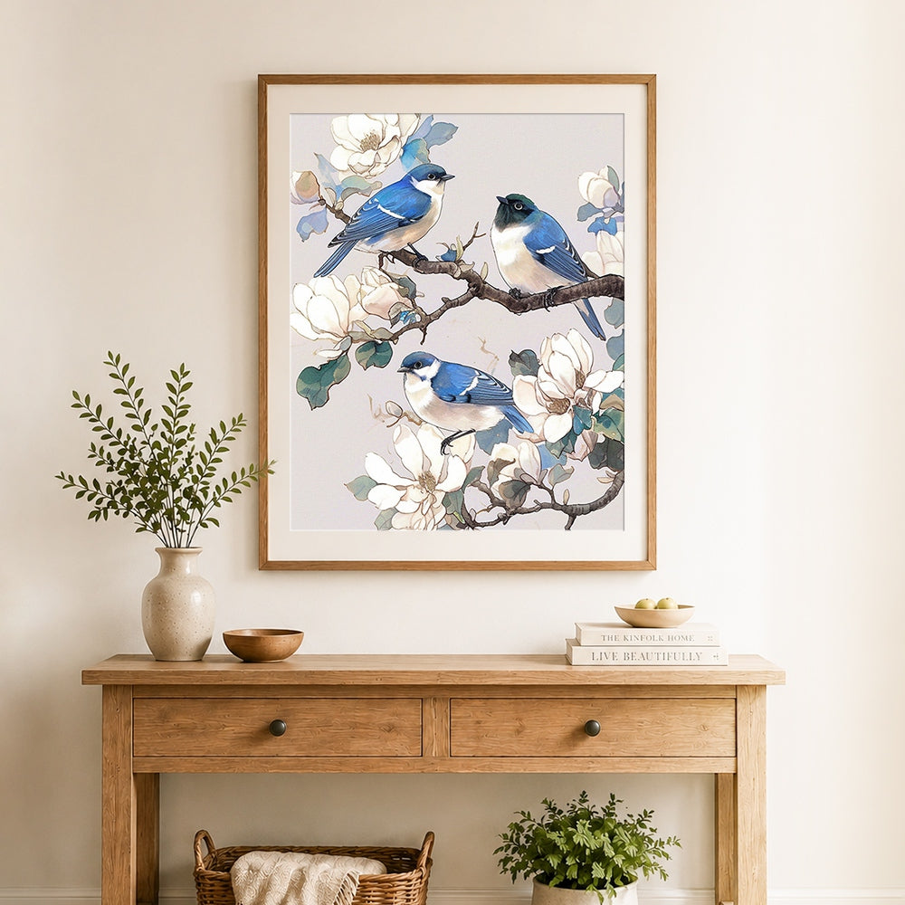 Finished bluebirds on magnolia branches cross stitch artwork displayed as home decor