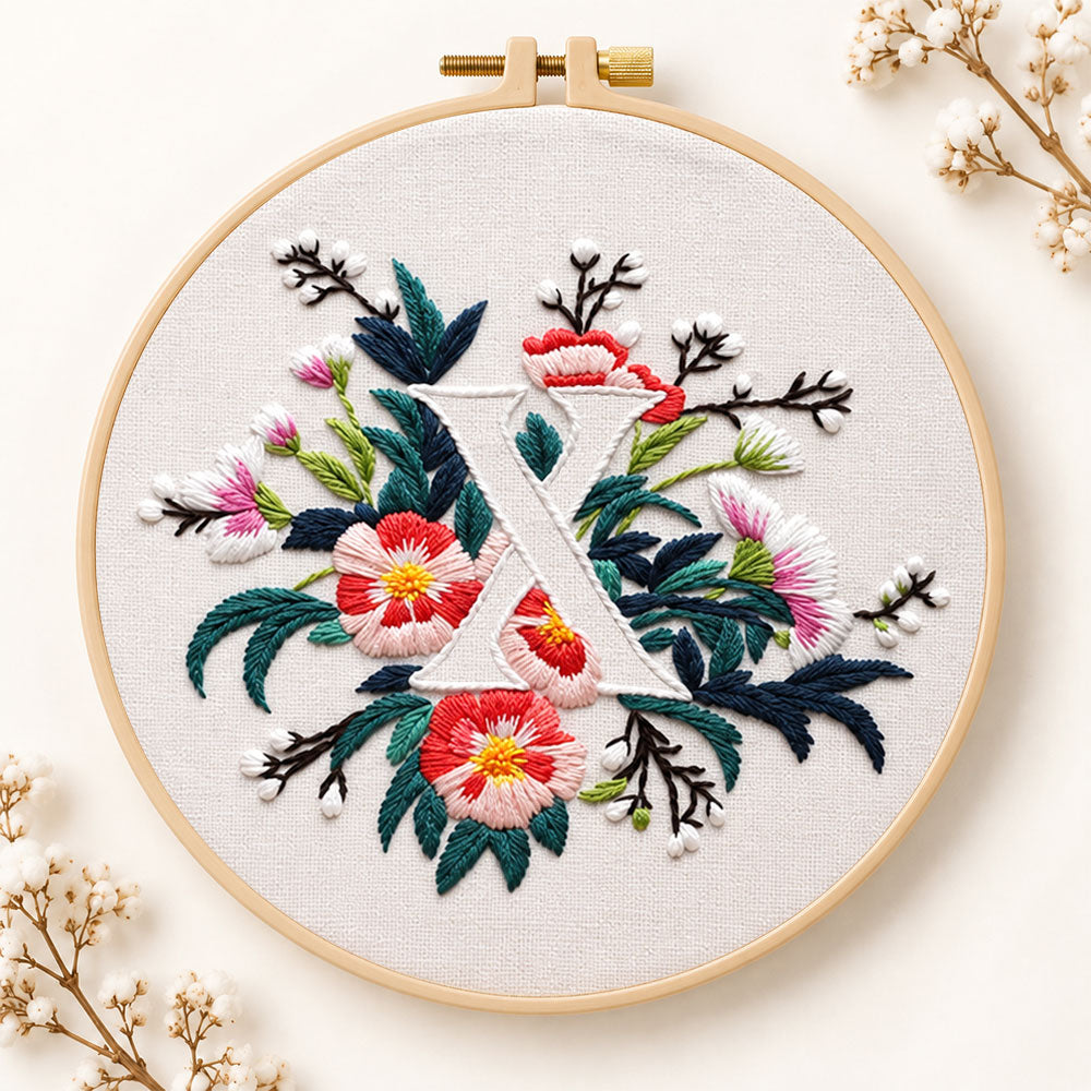 Blush florals and letter x embroidery kit