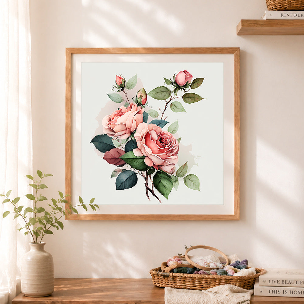 Finished blushing pink roses cross stitch artwork displayed as home decor