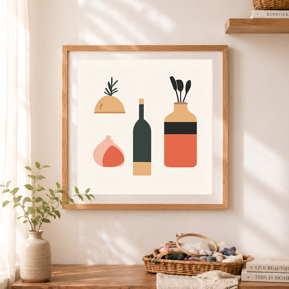 Finished bohemian kitchen still life cross stitch artwork displayed as home decor
