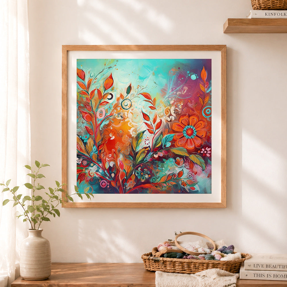Finished boho floral abstract cross stitch artwork displayed as home decor