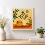Finished boho leaves, oranges and sun artwork displayed on a wall