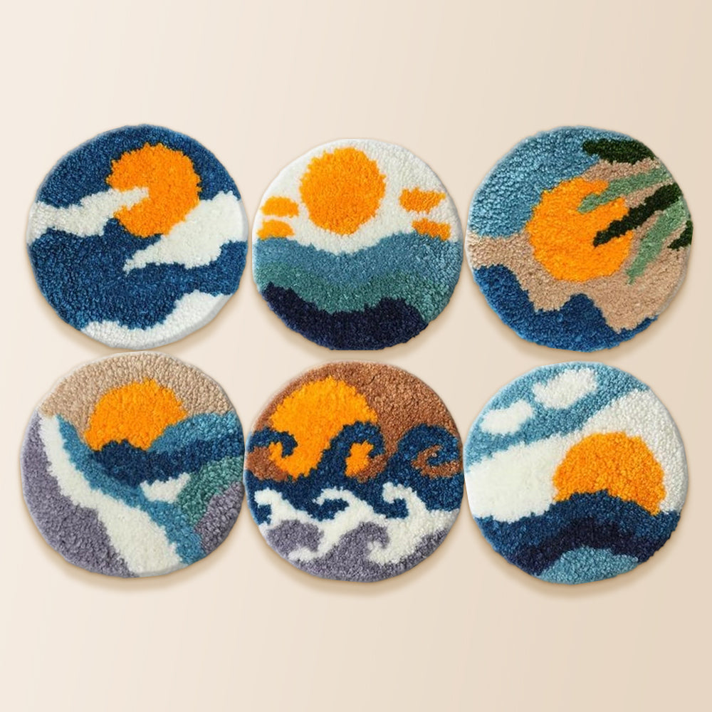 Boho ocean and sunset punch needle coaster kit finished handmade coasters