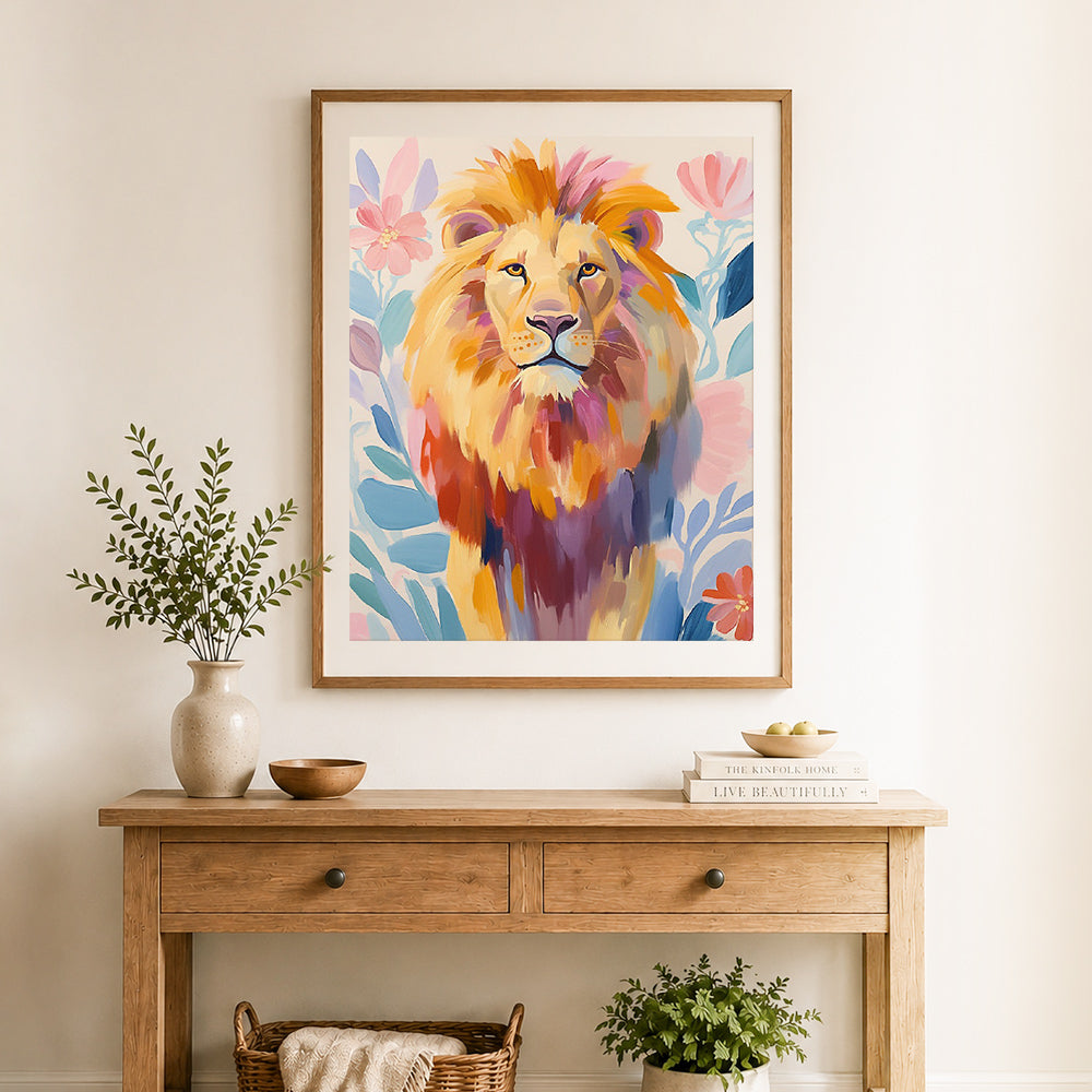 Finished boho painted lion art cross stitch artwork displayed as home decor