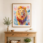 Finished boho painted lion art cross stitch artwork displayed as home decor