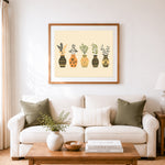 Finished boho potted plant collection cross stitch artwork displayed as home decor