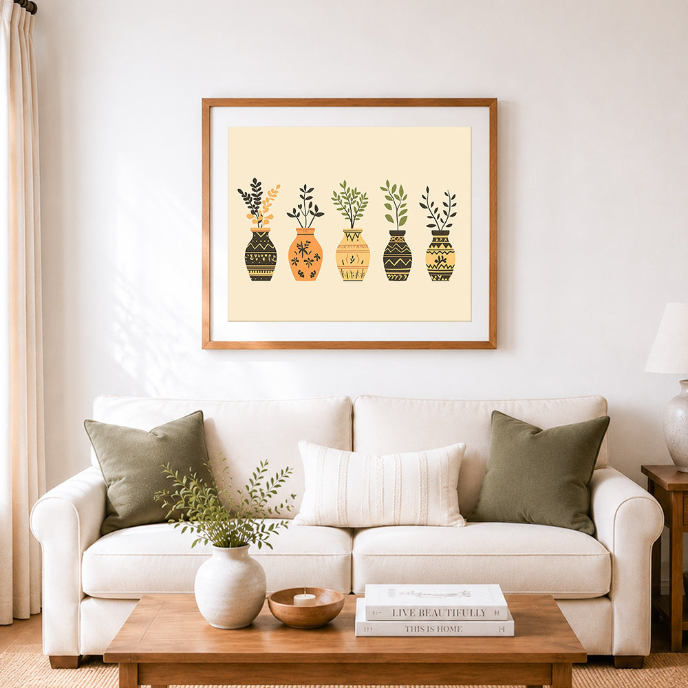 Finished boho potted plant collection cross stitch artwork displayed as home decor
