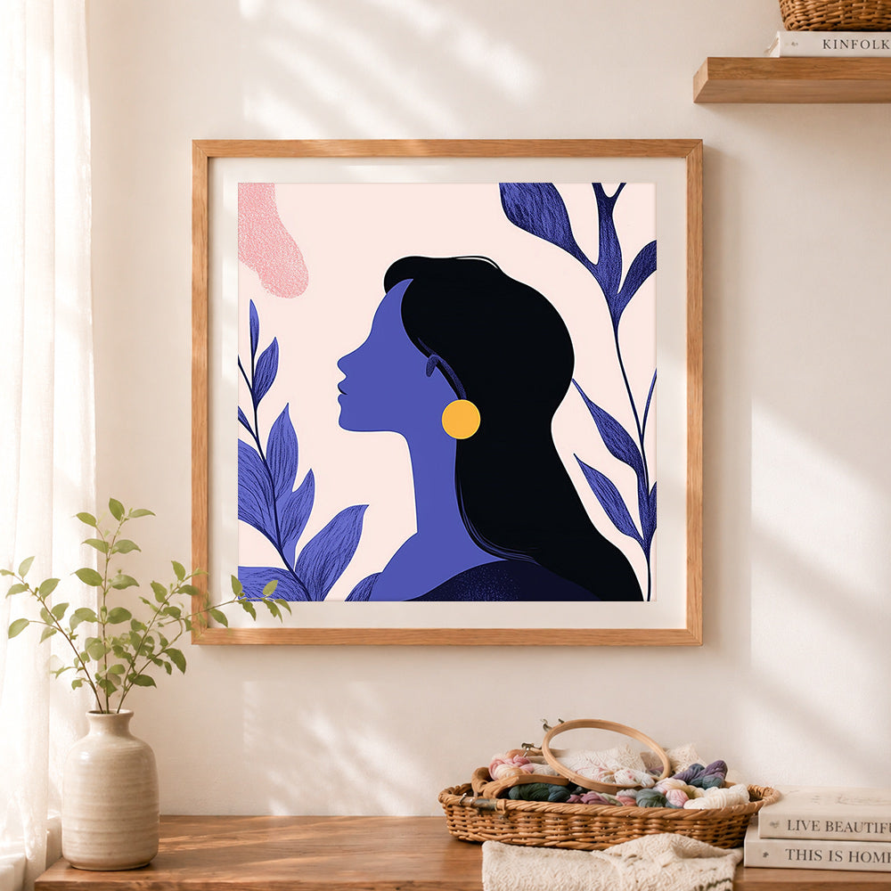 Finished boho woman silhouette art cross stitch artwork displayed as home decor