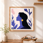 Finished boho woman silhouette art cross stitch artwork displayed as home decor