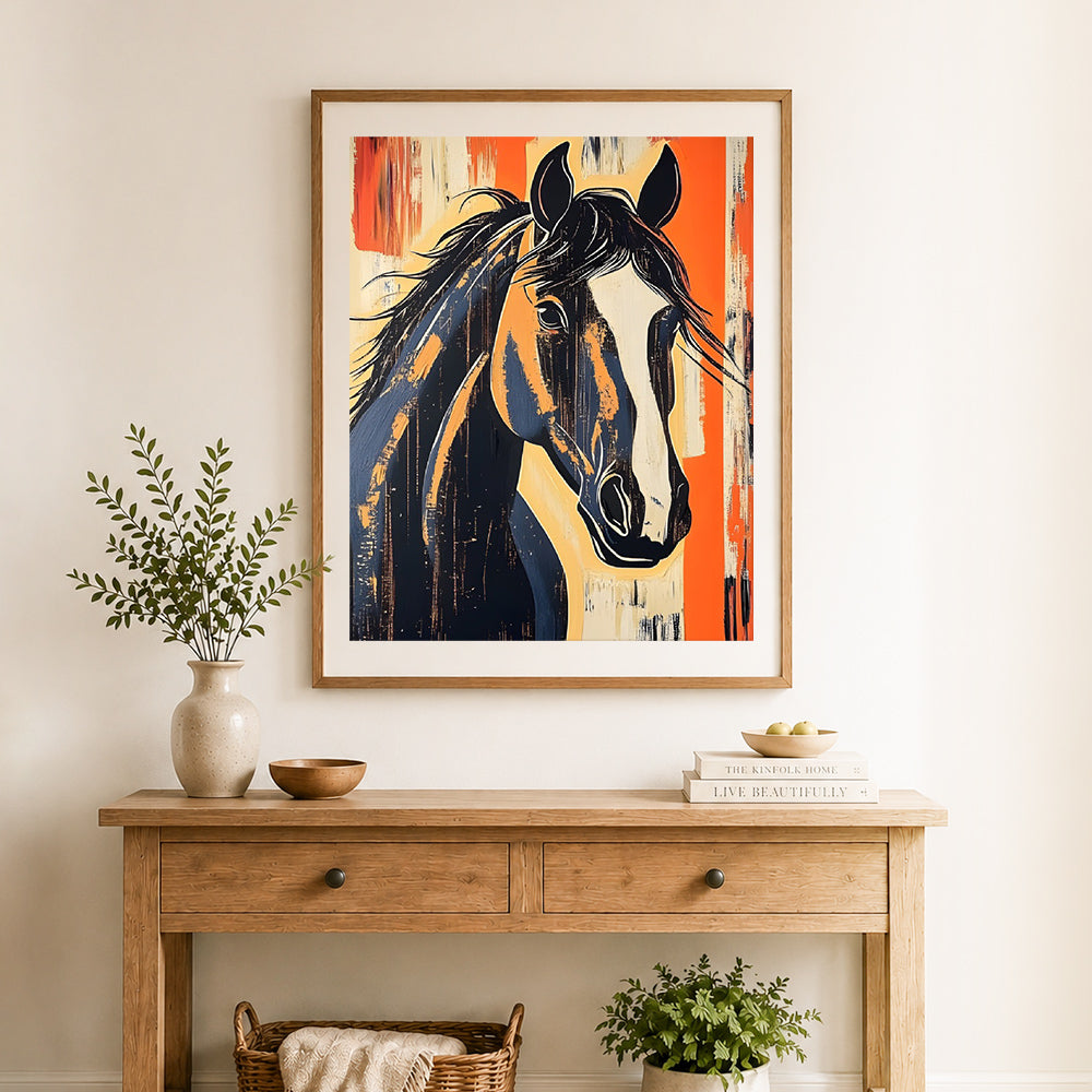 Finished bold abstract horse cross stitch artwork displayed as home decor