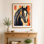 Finished bold abstract horse cross stitch artwork displayed as home decor