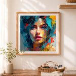 Finished bold abstract paint splash portrait cross stitch artwork displayed as home decor