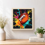 Finished bold american football splash art artwork displayed on a wall