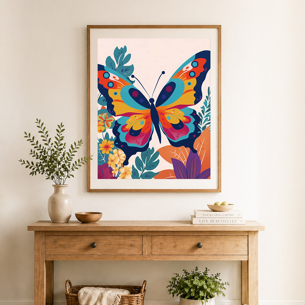 Finished bold artistic butterfly cross stitch artwork displayed as home decor