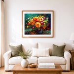 Finished bold brushstroke florals cross stitch artwork displayed as home decor