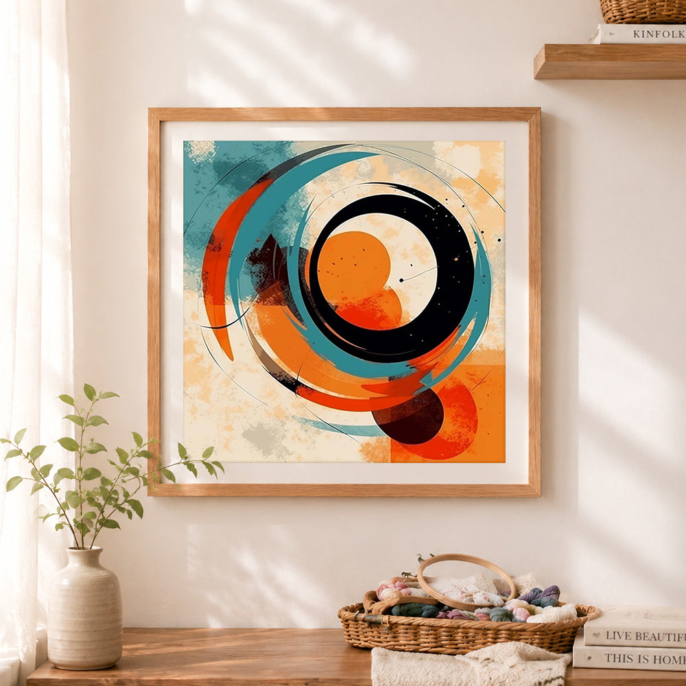 Finished bold circular abstract print cross stitch artwork displayed as home decor