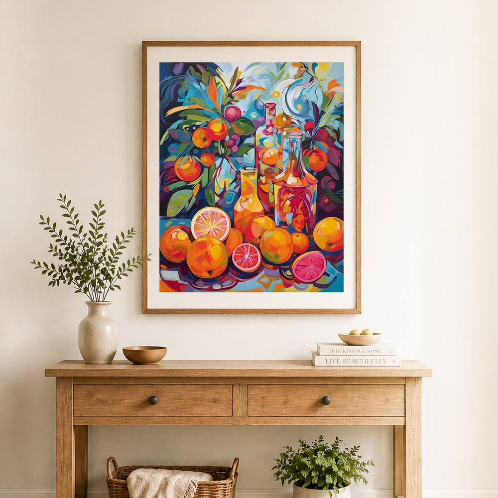 Finished bold citrus still life cross stitch artwork displayed as home decor