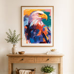 Finished bold eagle portrait cross stitch artwork displayed as home decor