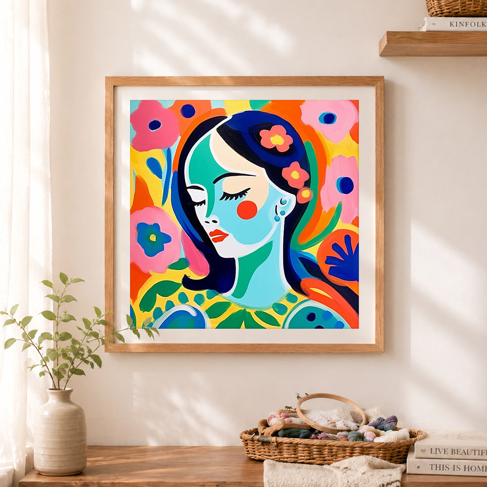 Finished bold floral abstract woman portrait cross stitch artwork displayed as home decor