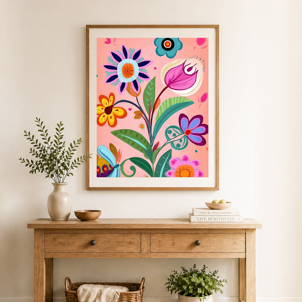 Finished bold folk flower art cross stitch artwork displayed as home decor