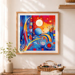 Finished bold geometric abstract art cross stitch artwork displayed as home decor
