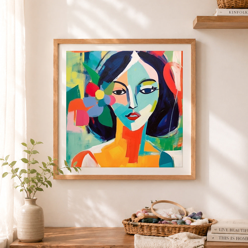 Finished bold geometric female portrait cross stitch artwork displayed as home decor