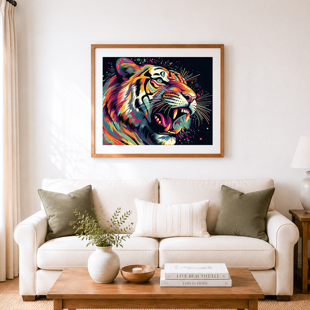 Finished bold graffiti tiger roar cross stitch artwork displayed as home decor