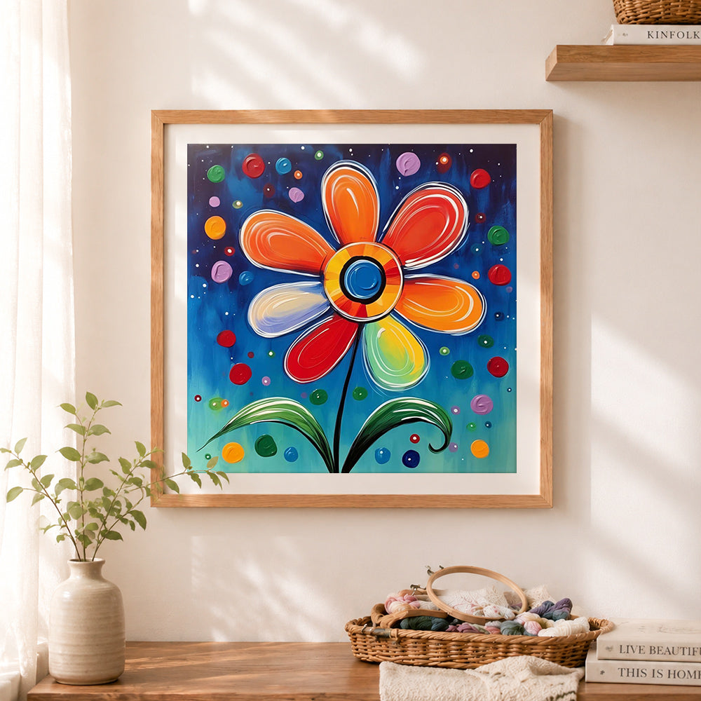 Finished bold impasto flower painting cross stitch artwork displayed as home decor