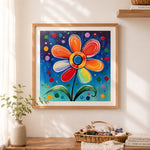 Finished bold impasto flower painting cross stitch artwork displayed as home decor