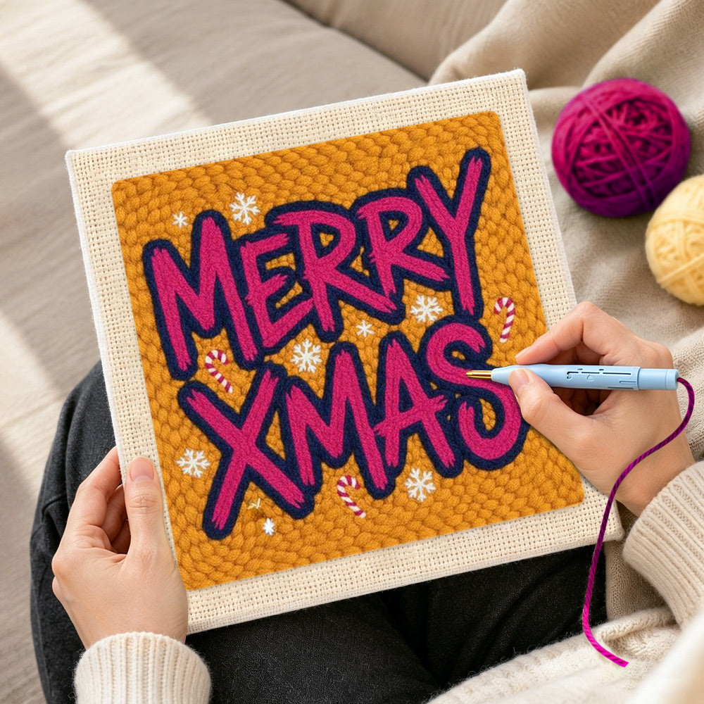 Creating handmade bold merry xmas lettering punch needle artwork 