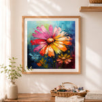 Finished bold painted daisy cross stitch artwork displayed as home decor