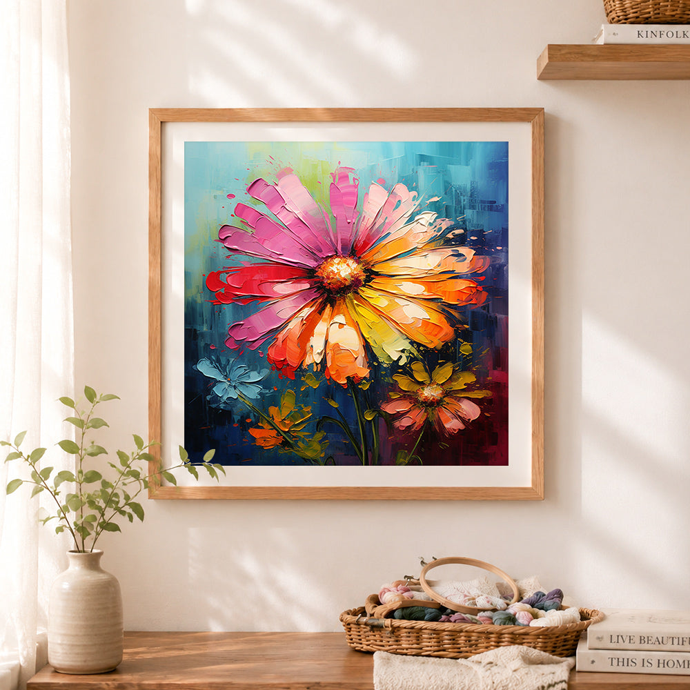 Finished bold painted daisy cross stitch artwork displayed as home decor
