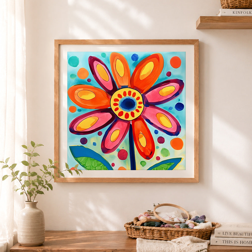 Finished bold pop art stylized flower cross stitch artwork displayed as home decor