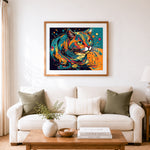 Finished bold pop‑art tabby cat cross stitch artwork displayed as home decor