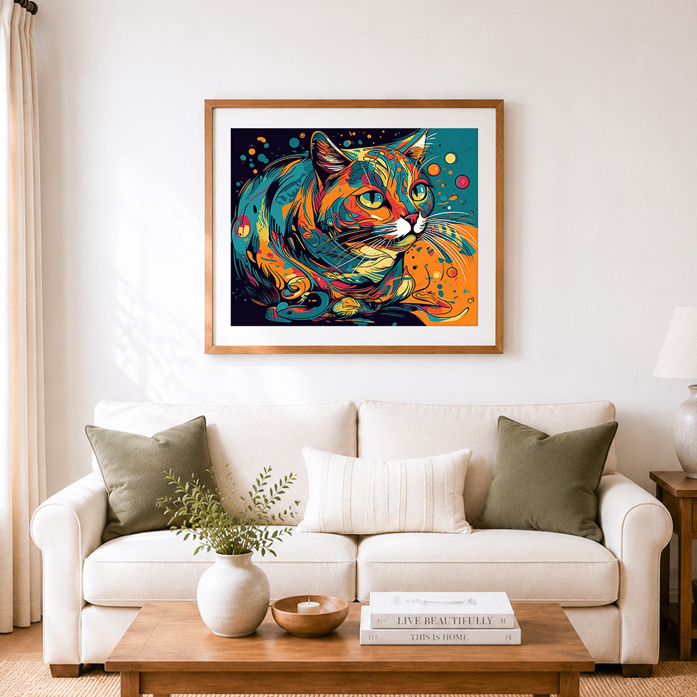 Finished bold pop‑art tabby cat cross stitch artwork displayed as home decor