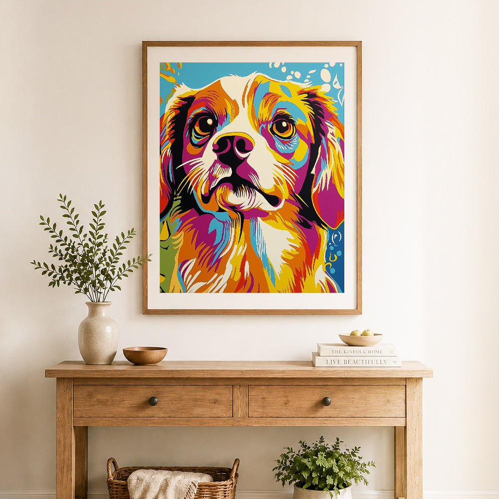 Finished bold pop spaniel cross stitch artwork displayed as home decor