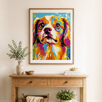 Finished bold pop spaniel cross stitch artwork displayed as home decor