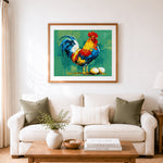 Finished bold rooster art painting cross stitch artwork displayed as home decor