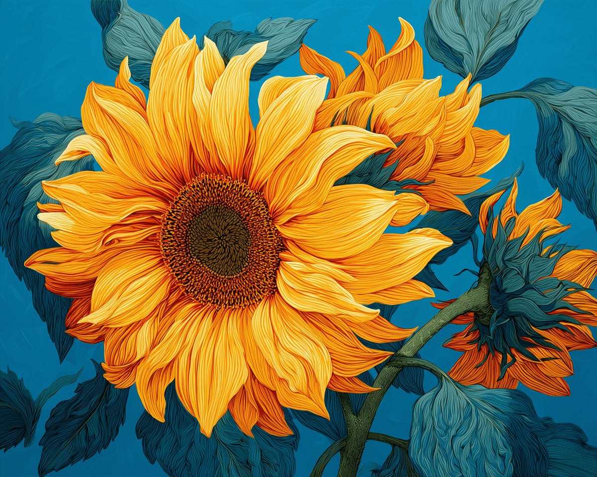 Bold sunflower blue backdrop cross stitch kit for beginners