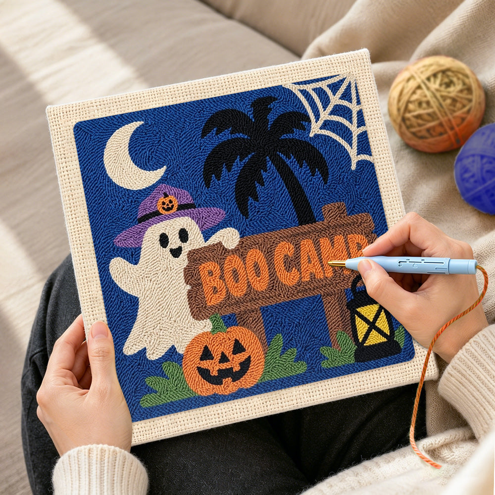 Creating handmade boo camp sign ghost punch needle artwork